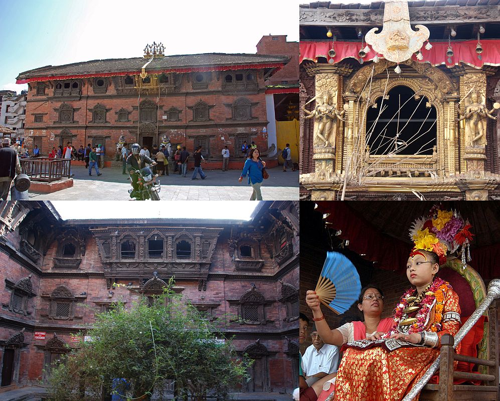 Kathmandu Durbar Square 01 02 Kumari Kumari Bahal, Kumari Courtyard, Kumari Kumari Bahal is a red brick, three-storey building with some incredible intricately carved windows at the southeast end of Durbar Square in Kathmandu It was built in 1757 and is home to the Kumari, the young girl who is selected to be Kathmandus living goddess until she reaches puberty and reverts to being a normal mortal. The Kumari Chowk is the three-storey courtyard, enclosed by carved wooden balconies and windows. The courtyard contains a miniature stupa carrying the symbols of Saraswati, the goddess of learning.